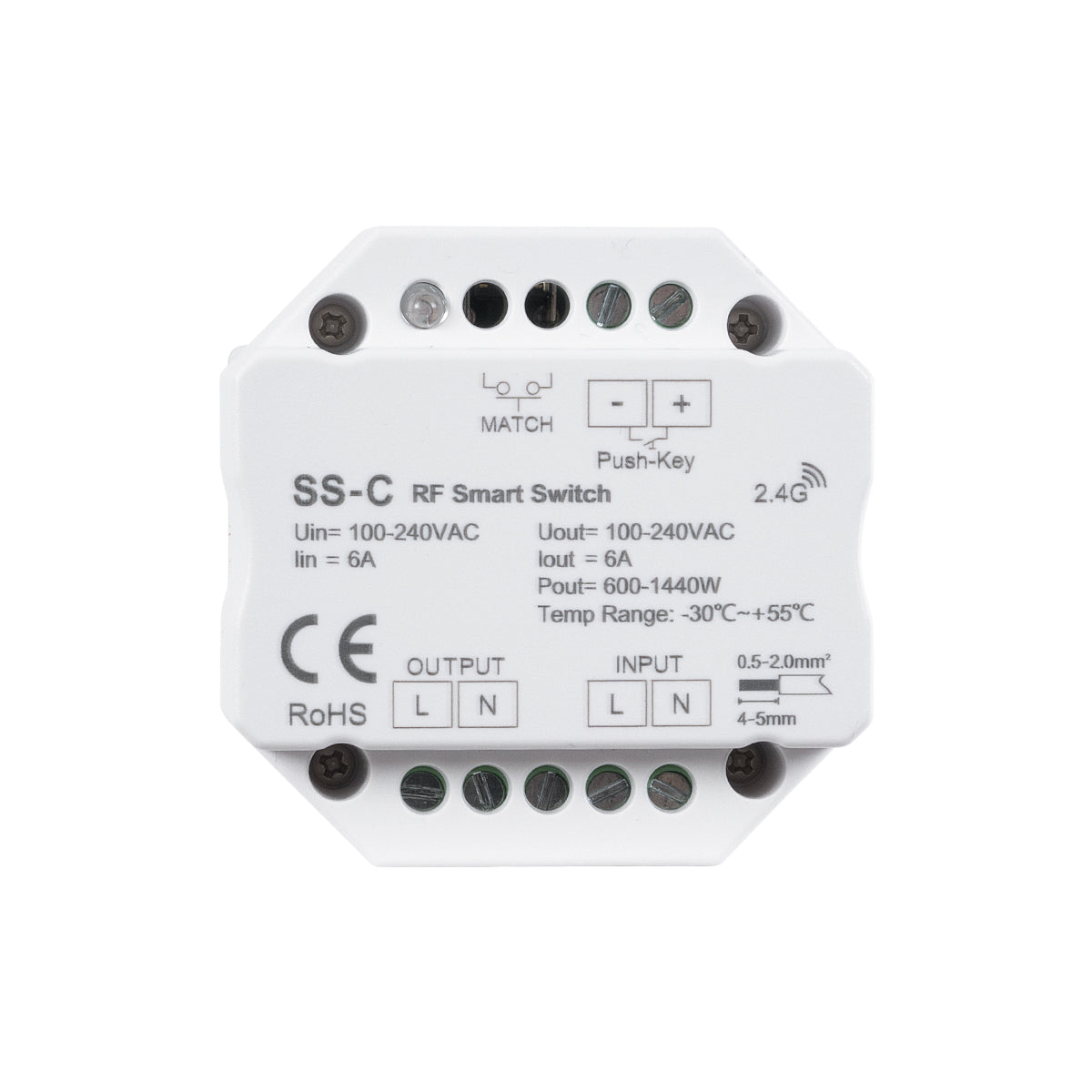 GloboStar® 73126 SS-C SKYDANCE AC RF 2.4Ghz & Push Switch 1 Κανάλι AC 100-240V 1 x 6A 1440W - Max 6A 1440W - IP20  Μ5.2 x Π5.2 x Υ2.6cm - 5 Χρόνια Εγγύηση - ledmania.gr