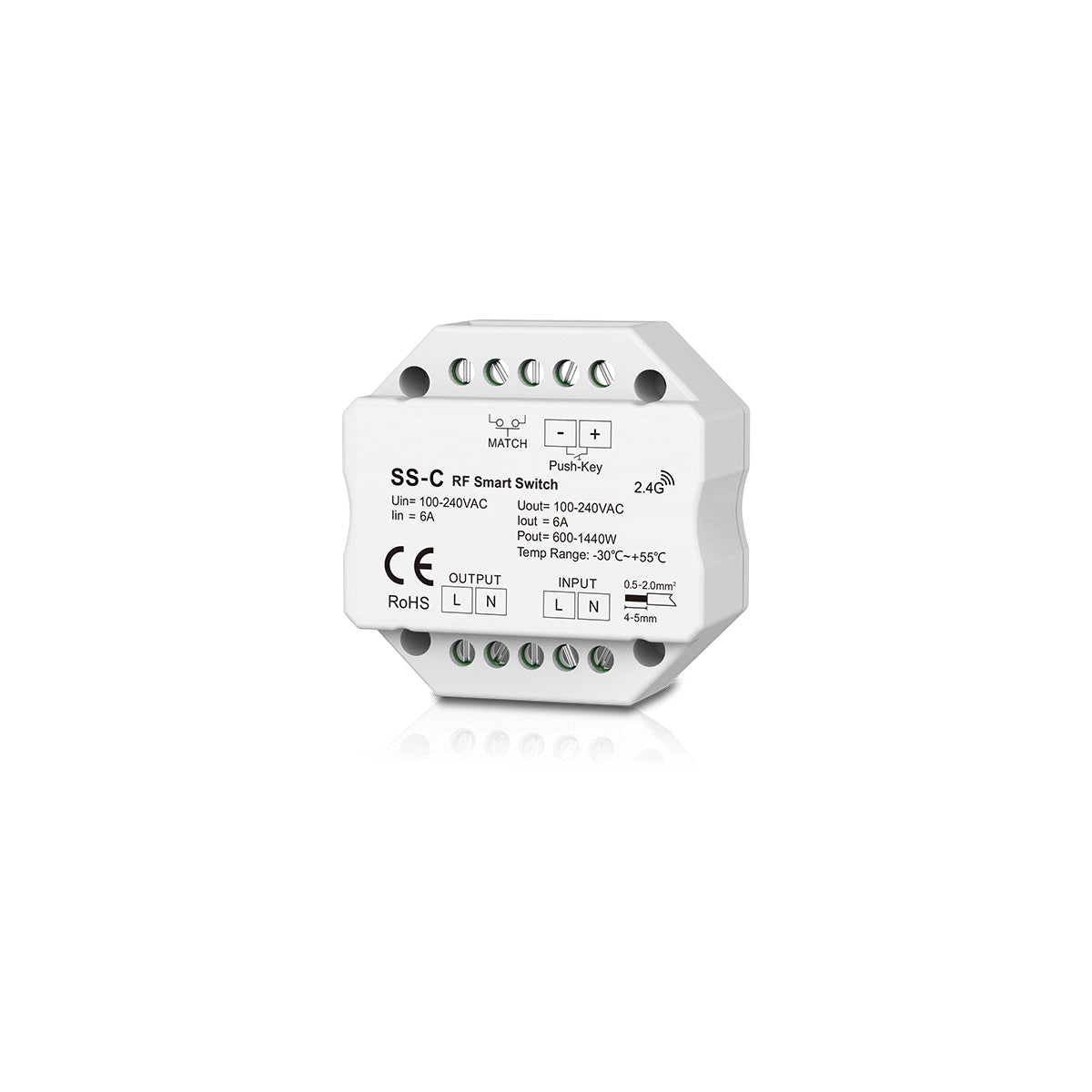 GloboStar® 73126 SS-C SKYDANCE AC RF 2.4Ghz & Push Switch 1 Κανάλι AC 100-240V 1 x 6A 1440W - Max 6A 1440W - IP20  Μ5.2 x Π5.2 x Υ2.6cm - 5 Χρόνια Εγγύηση - ledmania.gr