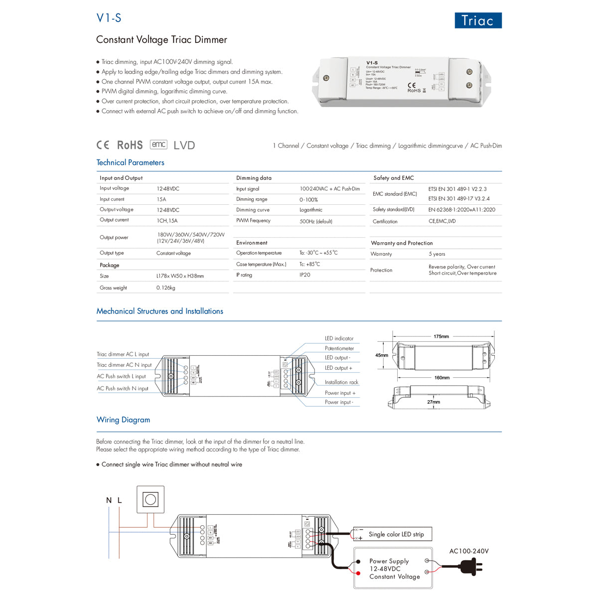 GLOBOSTAR® SKYDANCE-V1-S 73135 DC Triac & Push Dimmer CV Τροφοδοτικό/Μετασχηματιστής SELV με 1 x 15A 720W Κανάλι AC 220-240V σε DC 12-48V 15A 720W Max IP20 - Triac & Push Dimming - Μ17.5 x Π4.5 x Υ2.5cm - 5 Χρόνια Εγγύηση