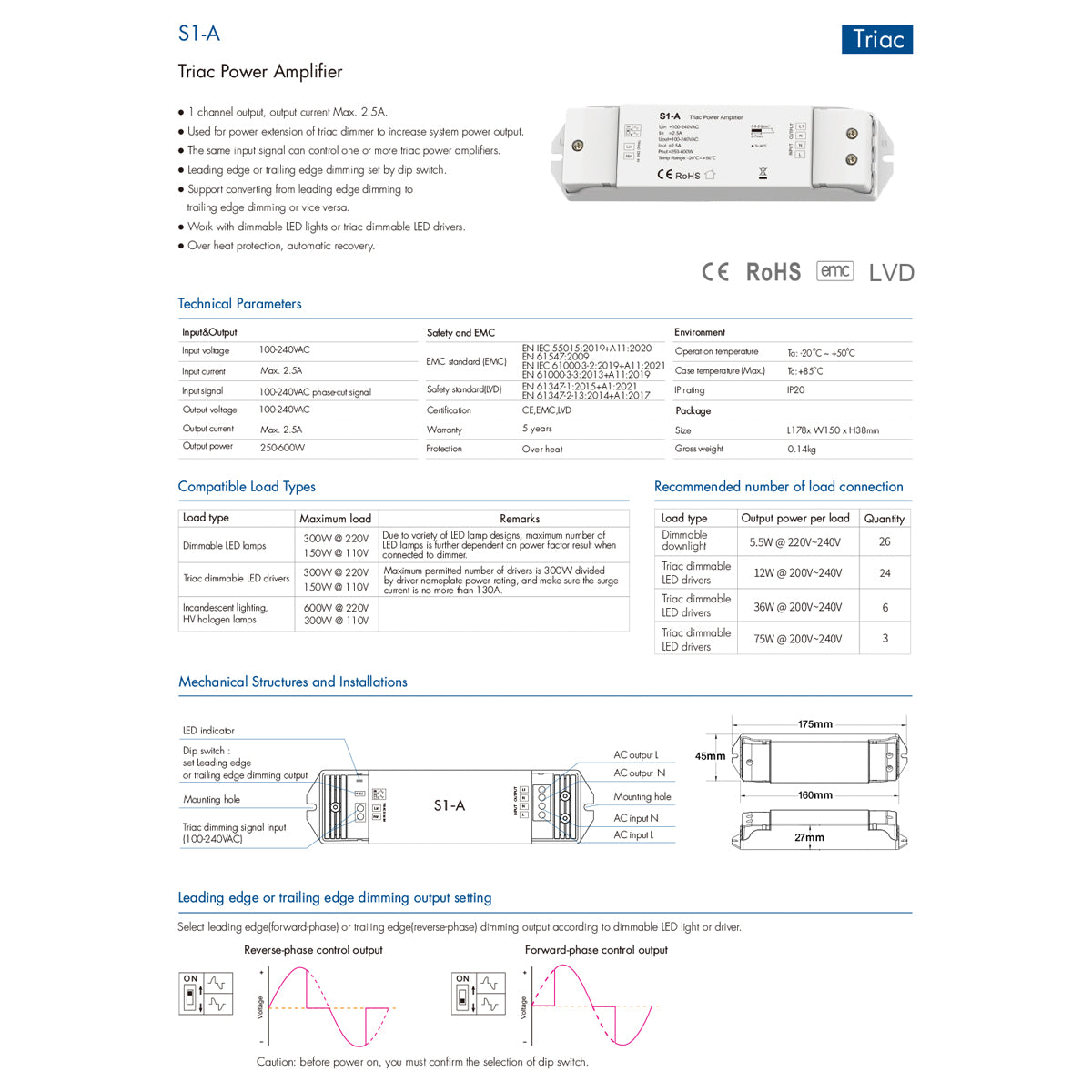 GloboStar® 73128 S1-A SKYDANCE AC Triac Amplifier 1 Κανάλι AC 100-240V 1 x 2.5A 600W - Max 2.5A 600W - IP20  Μ17.5 x Π4.5 x Υ2.5cm - 5 Χρόνια Εγγύηση - ledmania.gr