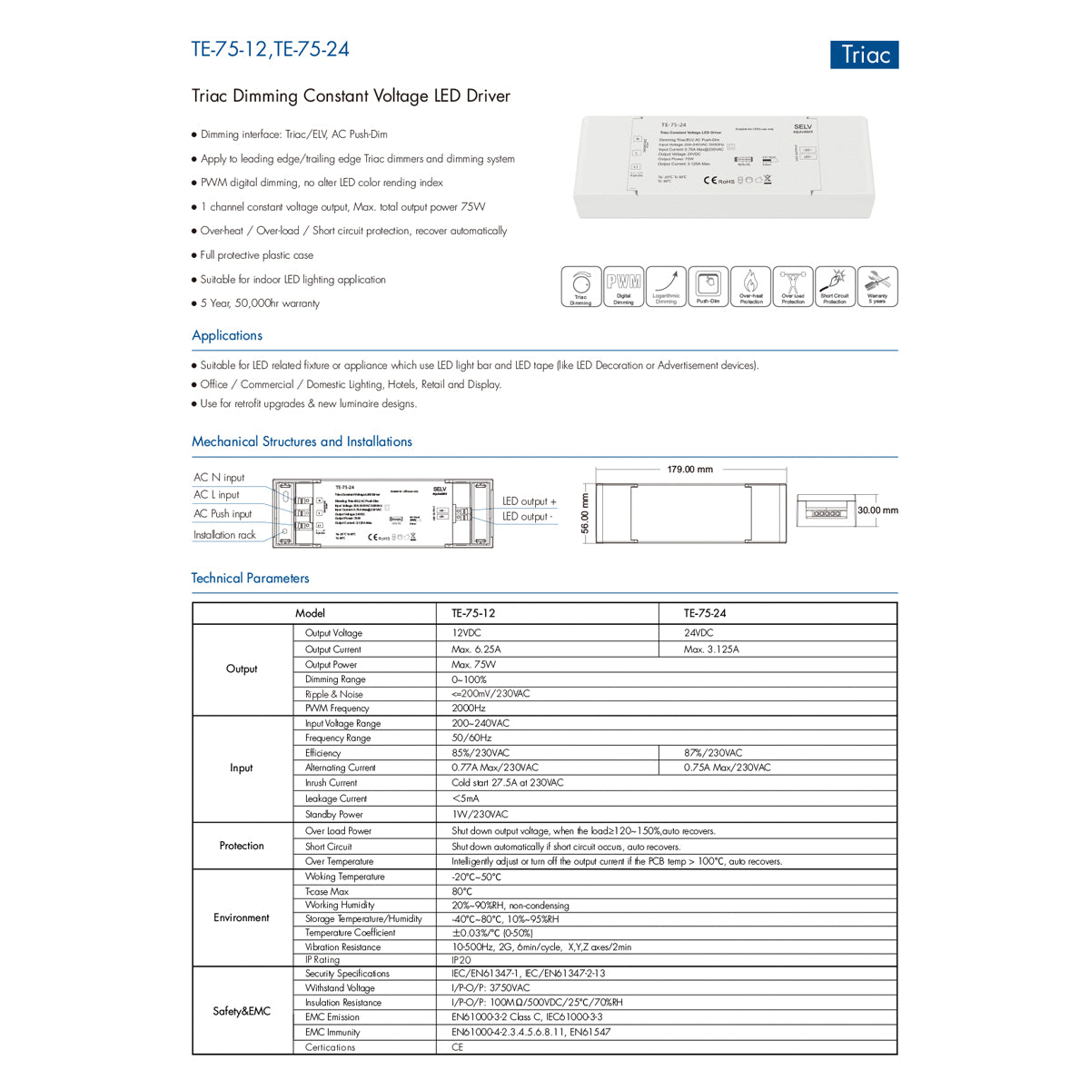 GloboStar® 73130 TE-75-24 SKYDANCE AC Triac Dimmer Push Dimming 1 Κανάλι AC 200-240V 1 x 3.125A 75W - Max 3.125A 75W - IP20 Μ18 x Π5.7 x Υ3cm - 5 Χρόνια Εγγύηση - ledmania.gr