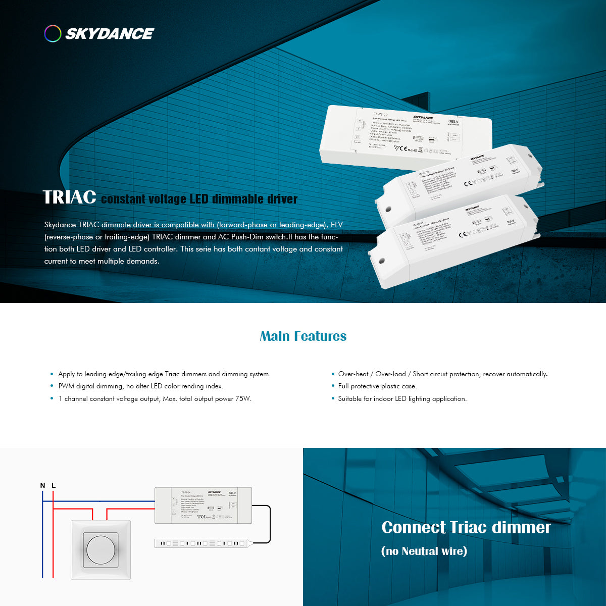 GloboStar® 73130 TE-75-24 SKYDANCE AC Triac Dimmer Push Dimming 1 Κανάλι AC 200-240V 1 x 3.125A 75W - Max 3.125A 75W - IP20 Μ18 x Π5.7 x Υ3cm - 5 Χρόνια Εγγύηση - ledmania.gr