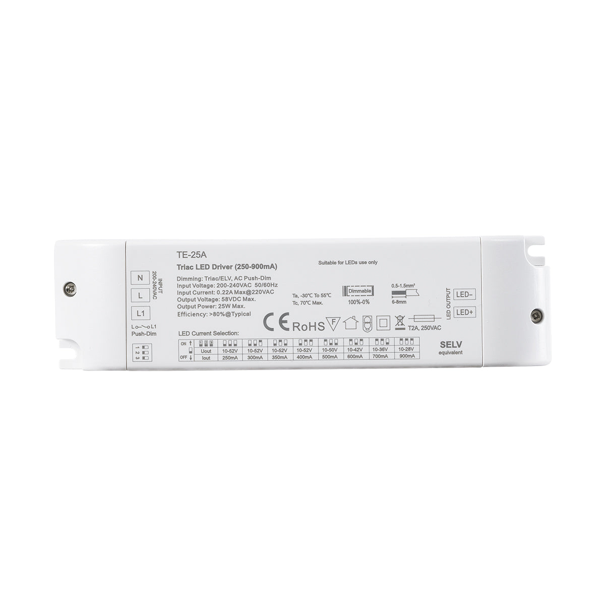 GLOBOSTAR® SKYDANCE-TE-25A 73134 DC Triac & Push Dimmer CC Τροφοδοτικό/Μετασχηματιστής SELV με 1 x 250-900mA 25W Κανάλι AC 220-240V σε DC 10-52V 900mA 25W Max IP20 - Triac & Push Dimming - Μ17.5 x Π4.4 x Υ3cm - 5 Χρόνια Εγγύηση - ledmania.gr