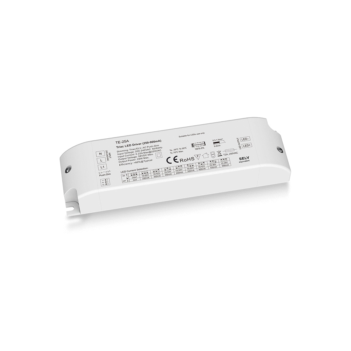 GLOBOSTAR® SKYDANCE-TE-25A 73134 DC Triac & Push Dimmer CC Τροφοδοτικό/Μετασχηματιστής SELV με 1 x 250-900mA 25W Κανάλι AC 220-240V σε DC 10-52V 900mA 25W Max IP20 - Triac & Push Dimming - Μ17.5 x Π4.4 x Υ3cm - 5 Χρόνια Εγγύηση - ledmania.gr
