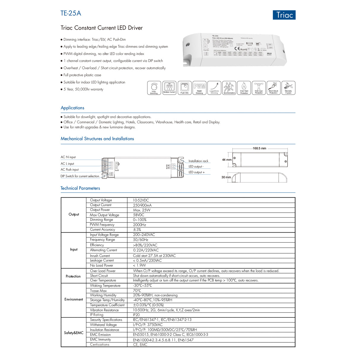 GLOBOSTAR® SKYDANCE-TE-25A 73134 DC Triac & Push Dimmer CC Τροφοδοτικό/Μετασχηματιστής SELV με 1 x 250-900mA 25W Κανάλι AC 220-240V σε DC 10-52V 900mA 25W Max IP20 - Triac & Push Dimming - Μ17.5 x Π4.4 x Υ3cm - 5 Χρόνια Εγγύηση - ledmania.gr