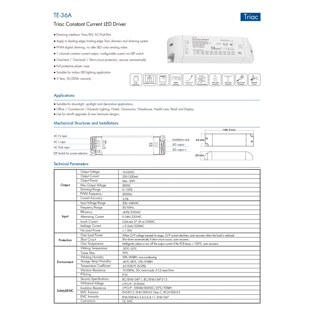 GLOBOSTAR® SKYDANCE-TE-36A 73135 DC Triac & Push Dimmer CC Τροφοδοτικό/Μετασχηματιστής SELV με 1 x 320-1200mA 36W Κανάλι AC 220-240V σε DC 10-52V 1200mA 36W Max IP20 - Triac & Push Dimming - Μ17.5 x Π4.4 x Υ3cm - 5 Χρόνια Εγγύηση - ledmania.gr