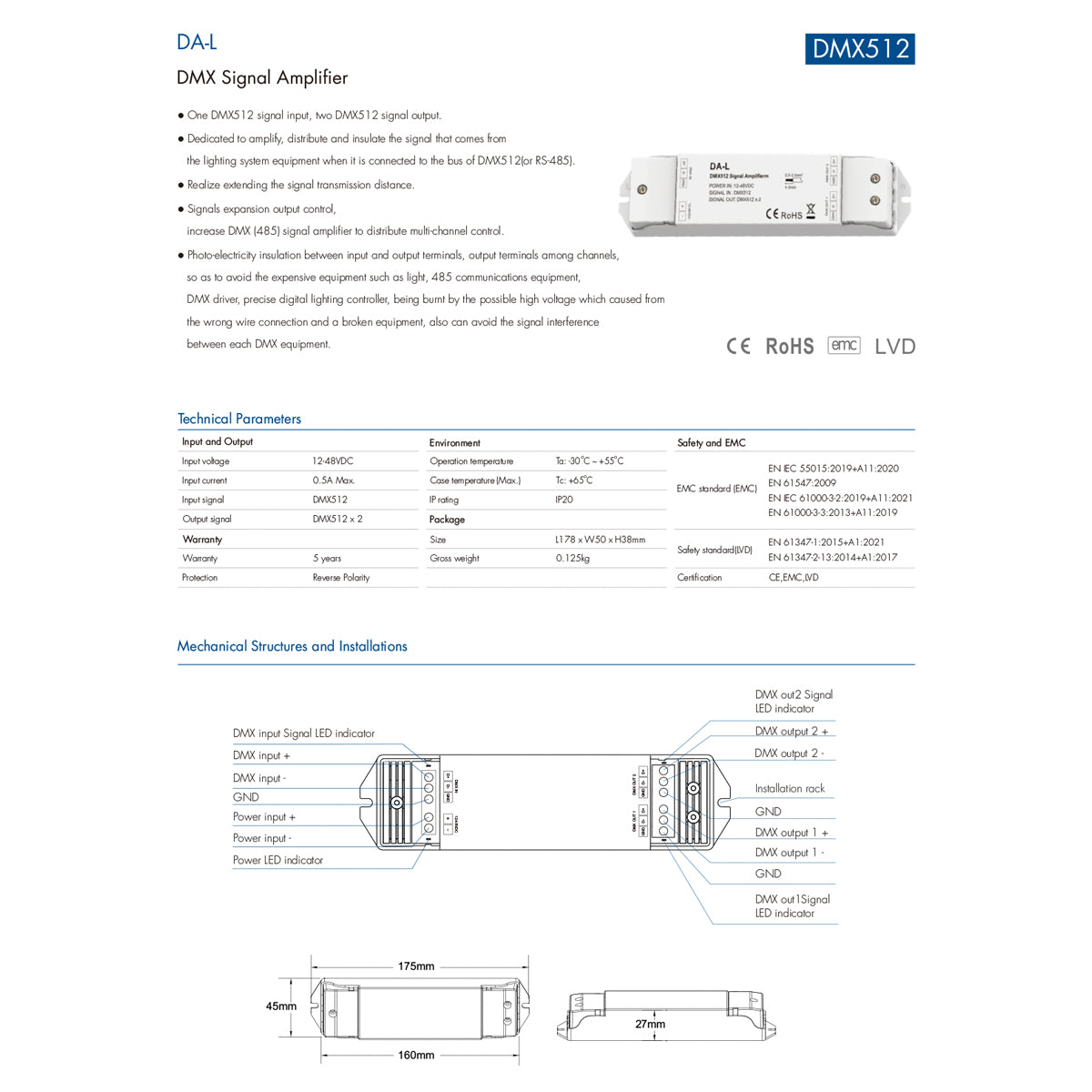 GloboStar® 73138 DA-L SKYDANCE DC DMX512 Signal Amplifier 2 Καναλιών DC 12-48V - IP20  Μ17.5 x Π4.5 x Υ2.5cm - 5 Χρόνια Εγγύηση - ledmania.gr