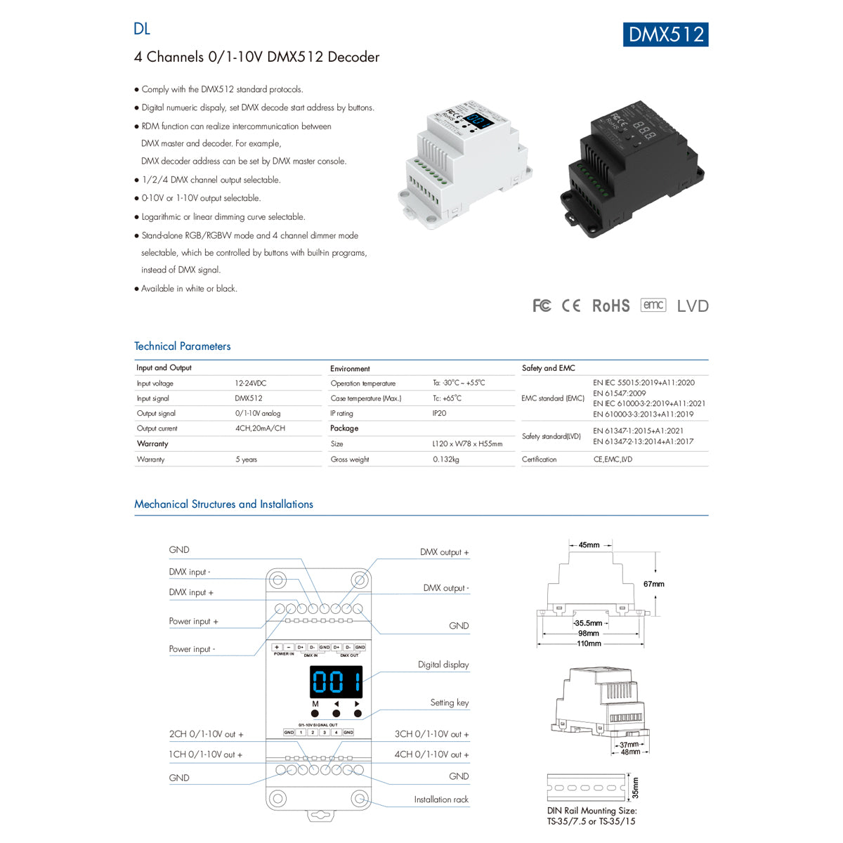 GloboStar® 73139 DL SKYDANCE DC DMX512 Signal Amplifier Din Rail Ράγας 2 Καναλιών DC 12-48V - IP20  Μ11.5 x Π5 x Υ6.5cm - 5 Χρόνια Εγγύηση - ledmania.gr