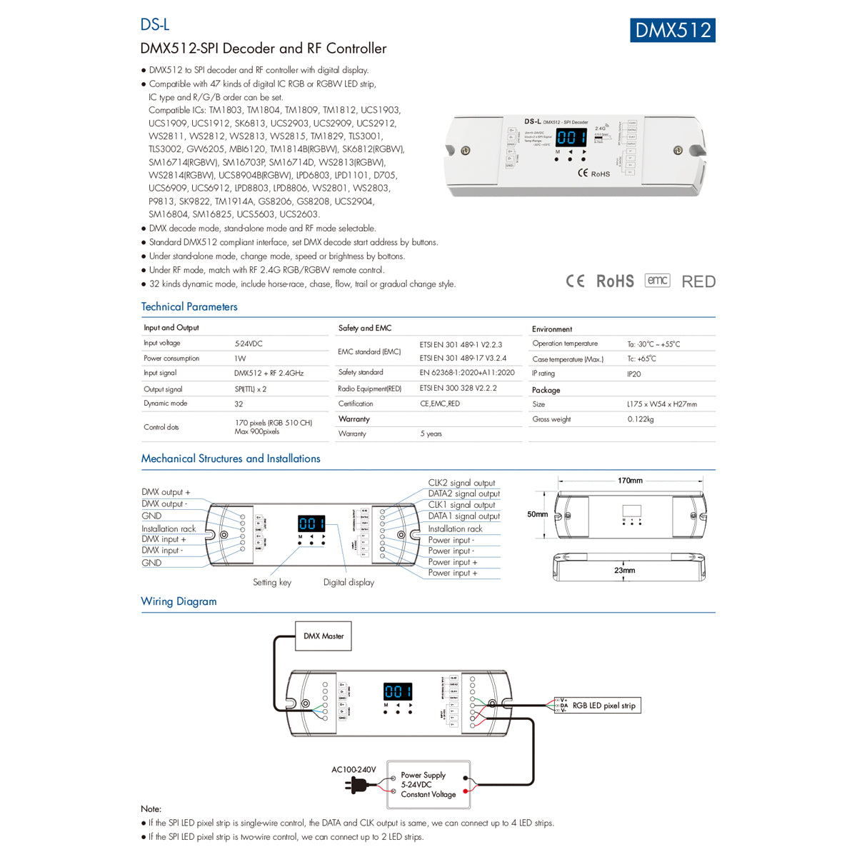 GloboStar® 73142 DS-L SKYDANCE DC RF 2.4Ghz DMX512 to SPI Decoder DC 5-24V - IP20  Μ17 x Π5 x Υ2.5cm - 5 Χρόνια Εγγύηση - ledmania.gr
