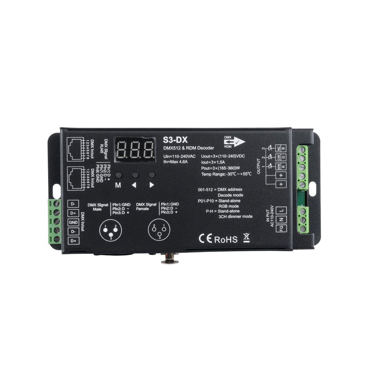 GloboStar® 73144 S3-DX SKYDANCE AC DMX512 High Voltage LED Strip Decoder 3 Καναλιών AC 110-240V 3 x 1.5A 360W - Max 4.6A 360W - IP20 Π16.5 x Π7 x Υ3.7cm - 5 Χρόνια Εγγύηση - ledmania.gr
