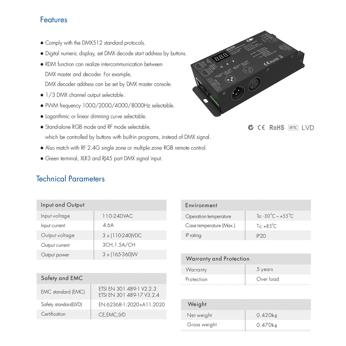GloboStar® 73144 S3-DX SKYDANCE AC DMX512 High Voltage LED Strip Decoder 3 Καναλιών AC 110-240V 3 x 1.5A 360W - Max 4.6A 360W - IP20 Π16.5 x Π7 x Υ3.7cm - 5 Χρόνια Εγγύηση - ledmania.gr