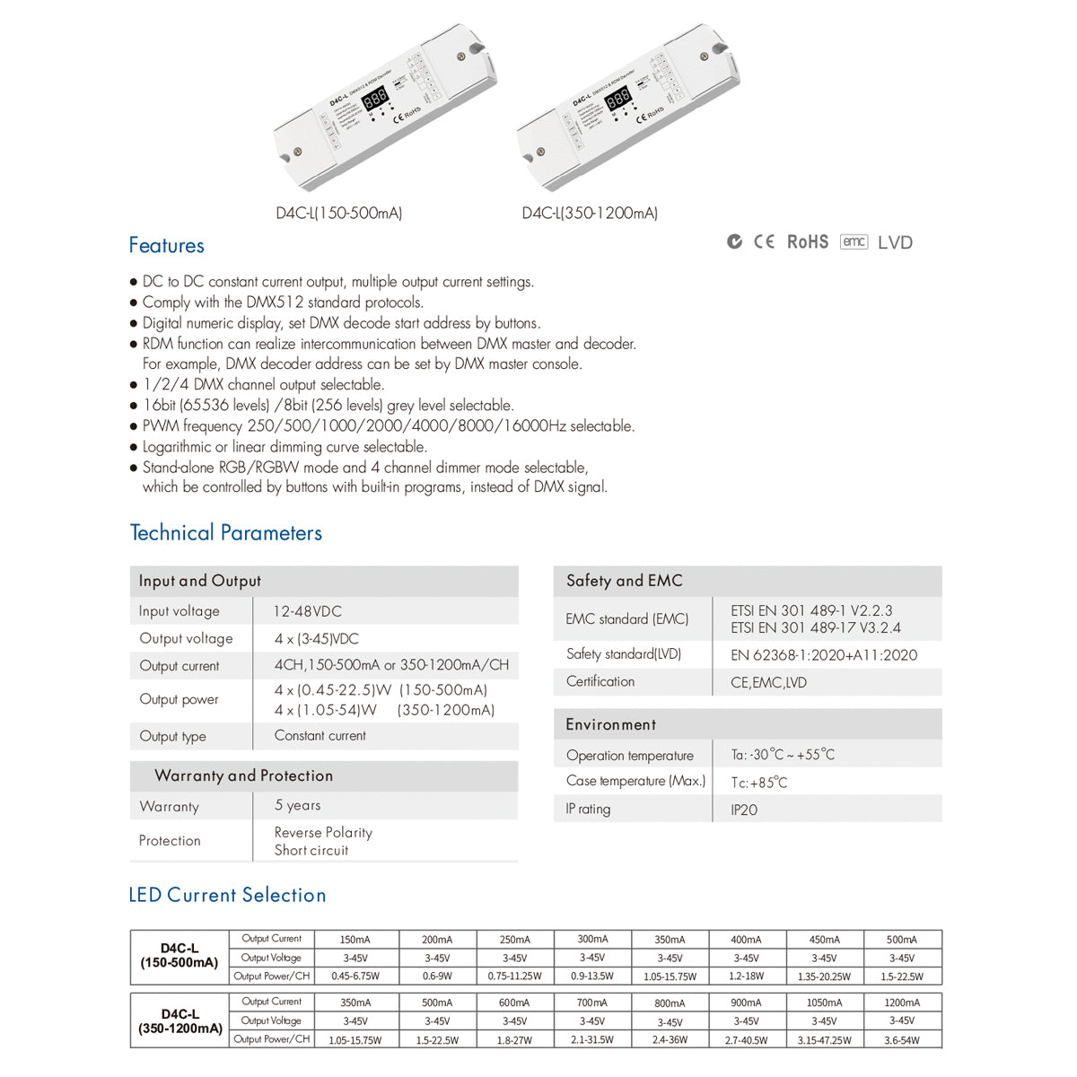 GloboStar® 73145 D4C-L SKYDANCE DC DMX512 Constant Current & RDM Decoder 4 Καναλιών DC 12-48V 4 x 0.5A 22.5W - Max 2A 90W - IP20  Μ17 x Π5 x Υ2.5cm - 5 Χρόνια Εγγύηση - ledmania.gr