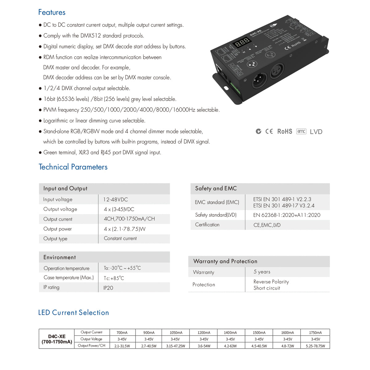 GloboStar® 73147 D4C-XE SKYDANCE DC DMX512 Constant Current & RDM Decoder 4 Καναλιών DC 12-48V 4 x 1.75A 315W - Max 7A 315W - IP20 Π16.5 x Π7 x Υ3.7cm - 5 Χρόνια Εγγύηση - ledmania.gr