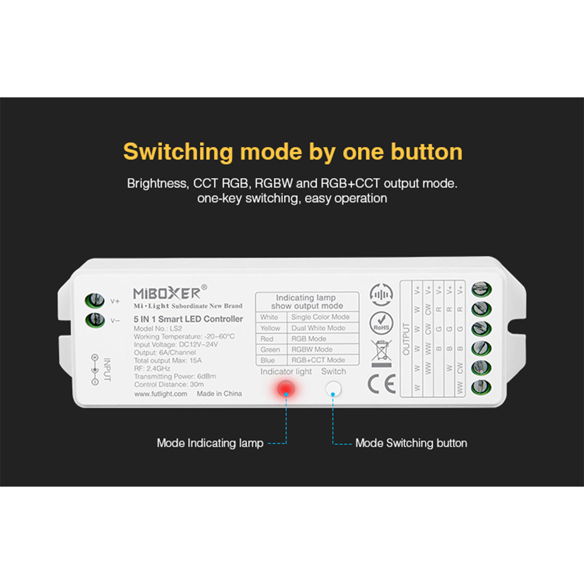 GloboStar® 73422 LS2 Mi-BOXER DC RF 2.4Ghz 5 in 1 Dimmer High Speed Controller / Dimmer 5 Καναλιών DC 12-24V 5 x 3A 72W - Max 15A 360W - IP20 RGBW+WW Μ13 x Π5 x Υ2.5cm - 5 Years Warranty - ledmania.gr