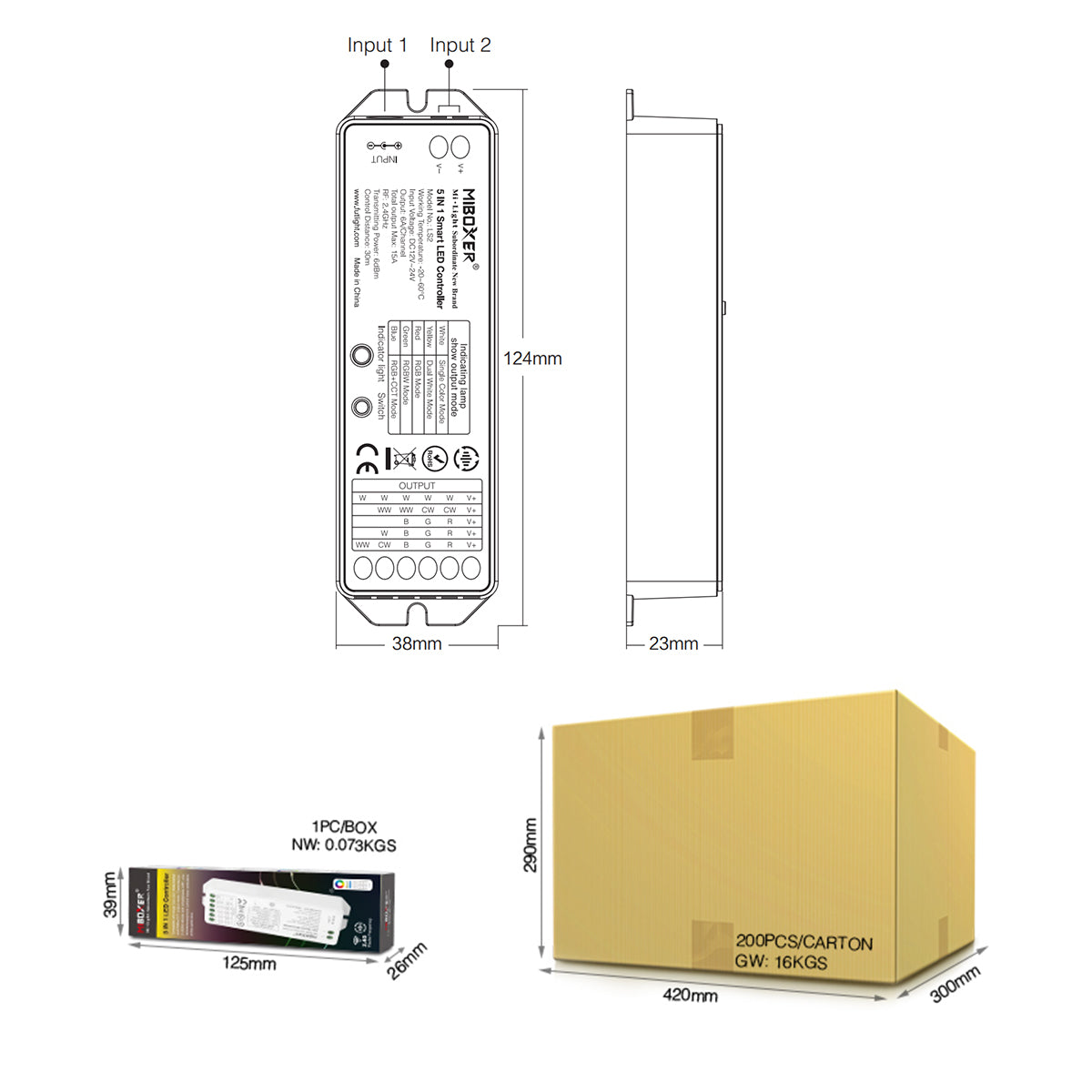 GloboStar® 73422 LS2 Mi-BOXER DC RF 2.4Ghz 5 in 1 Dimmer High Speed Controller / Dimmer 5 Καναλιών DC 12-24V 5 x 3A 72W - Max 15A 360W - IP20 RGBW+WW Μ13 x Π5 x Υ2.5cm - 5 Years Warranty - ledmania.gr