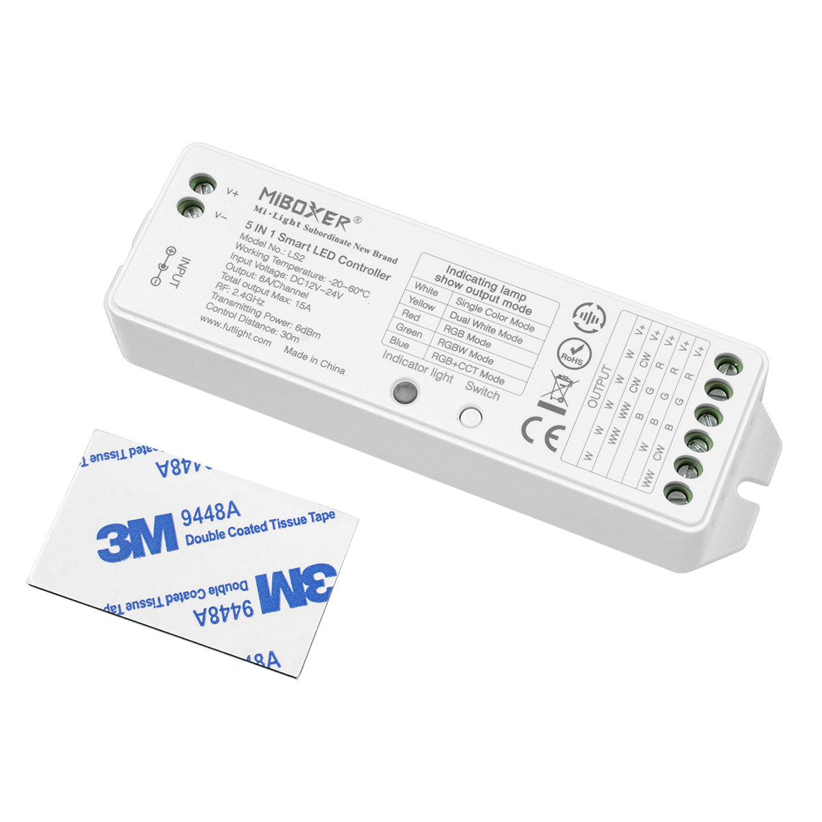 GloboStar® 73422 LS2 Mi-BOXER DC RF 2.4Ghz 5 in 1 Dimmer High Speed Controller / Dimmer 5 Καναλιών DC 12-24V 5 x 3A 72W - Max 15A 360W - IP20 RGBW+WW Μ13 x Π5 x Υ2.5cm - 5 Years Warranty - ledmania.gr