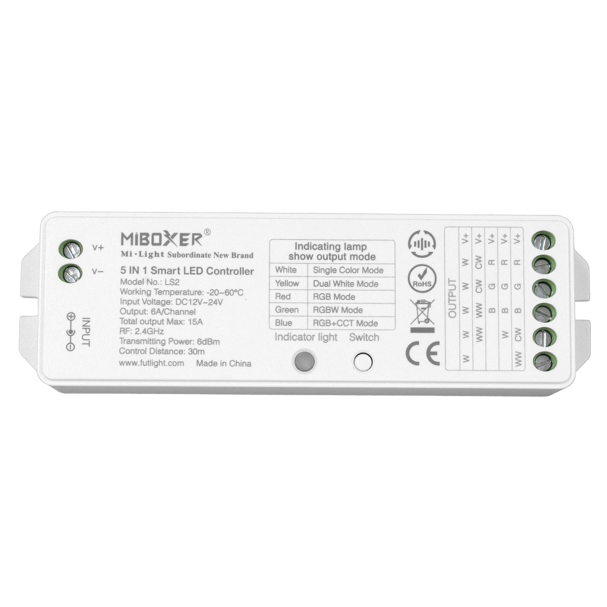 GloboStar® 73422 LS2 Mi-BOXER DC RF 2.4Ghz 5 in 1 Dimmer High Speed Controller / Dimmer 5 Καναλιών DC 12-24V 5 x 3A 72W - Max 15A 360W - IP20 RGBW+WW Μ13 x Π5 x Υ2.5cm - 5 Years Warranty - ledmania.gr