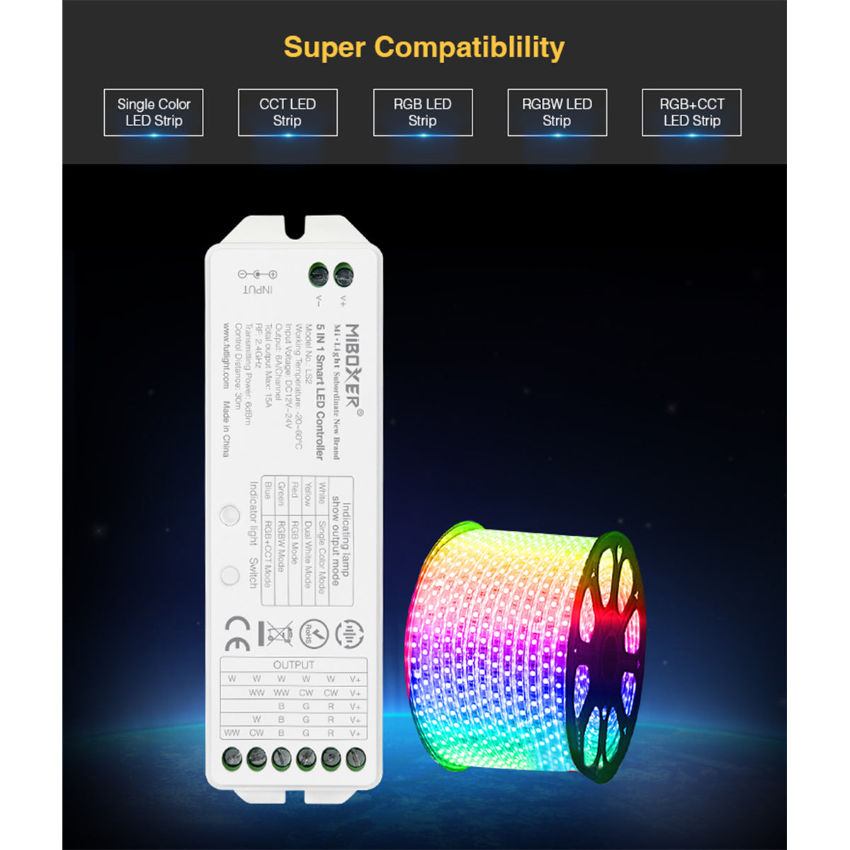GloboStar® 73422 LS2 Mi-BOXER DC RF 2.4Ghz 5 in 1 Dimmer High Speed Controller / Dimmer 5 Καναλιών DC 12-24V 5 x 3A 72W - Max 15A 360W - IP20 RGBW+WW Μ13 x Π5 x Υ2.5cm - 5 Years Warranty - ledmania.gr