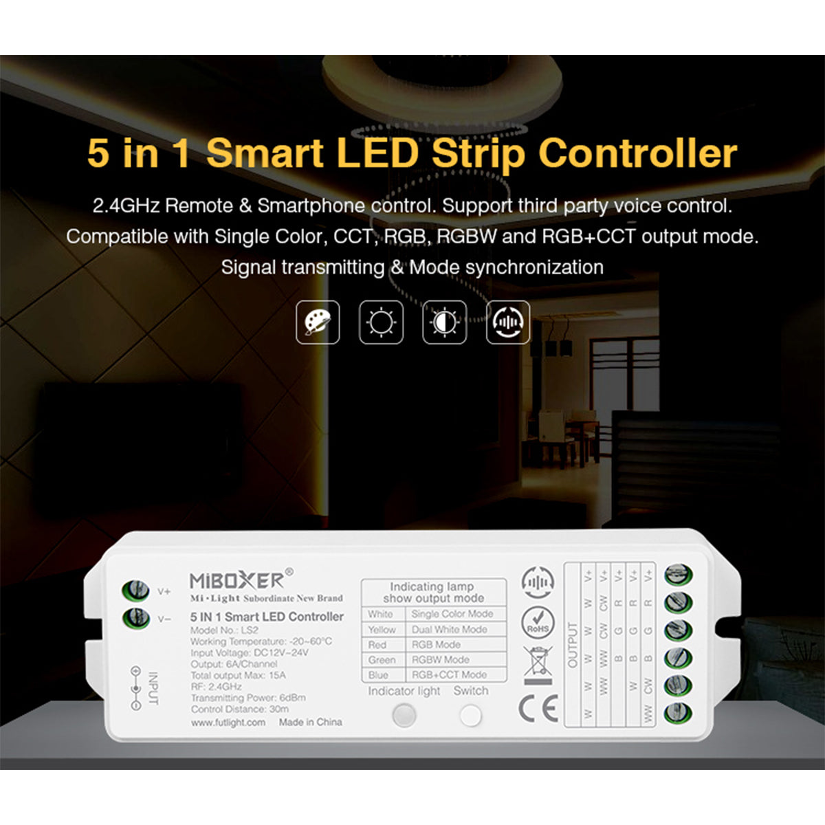 GloboStar® 73422 LS2 Mi-BOXER DC RF 2.4Ghz 5 in 1 Dimmer High Speed Controller / Dimmer 5 Καναλιών DC 12-24V 5 x 3A 72W - Max 15A 360W - IP20 RGBW+WW Μ13 x Π5 x Υ2.5cm - 5 Years Warranty - ledmania.gr