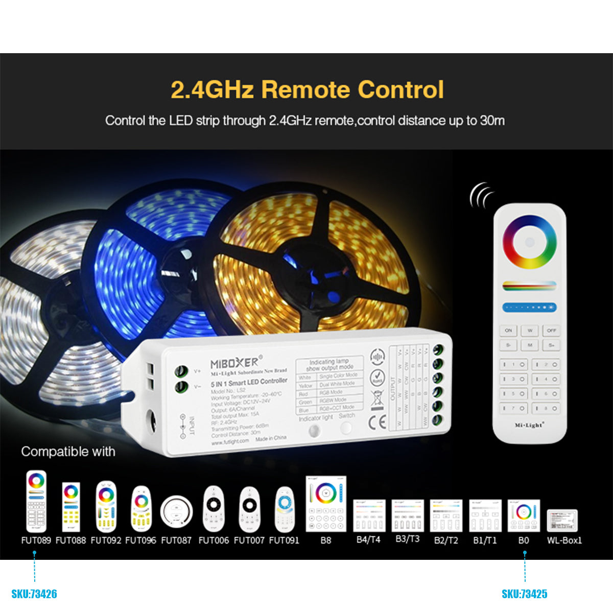 GloboStar® 73422 LS2 Mi-BOXER DC RF 2.4Ghz 5 in 1 Dimmer High Speed Controller / Dimmer 5 Καναλιών DC 12-24V 5 x 3A 72W - Max 15A 360W - IP20 RGBW+WW Μ13 x Π5 x Υ2.5cm - 5 Years Warranty - ledmania.gr