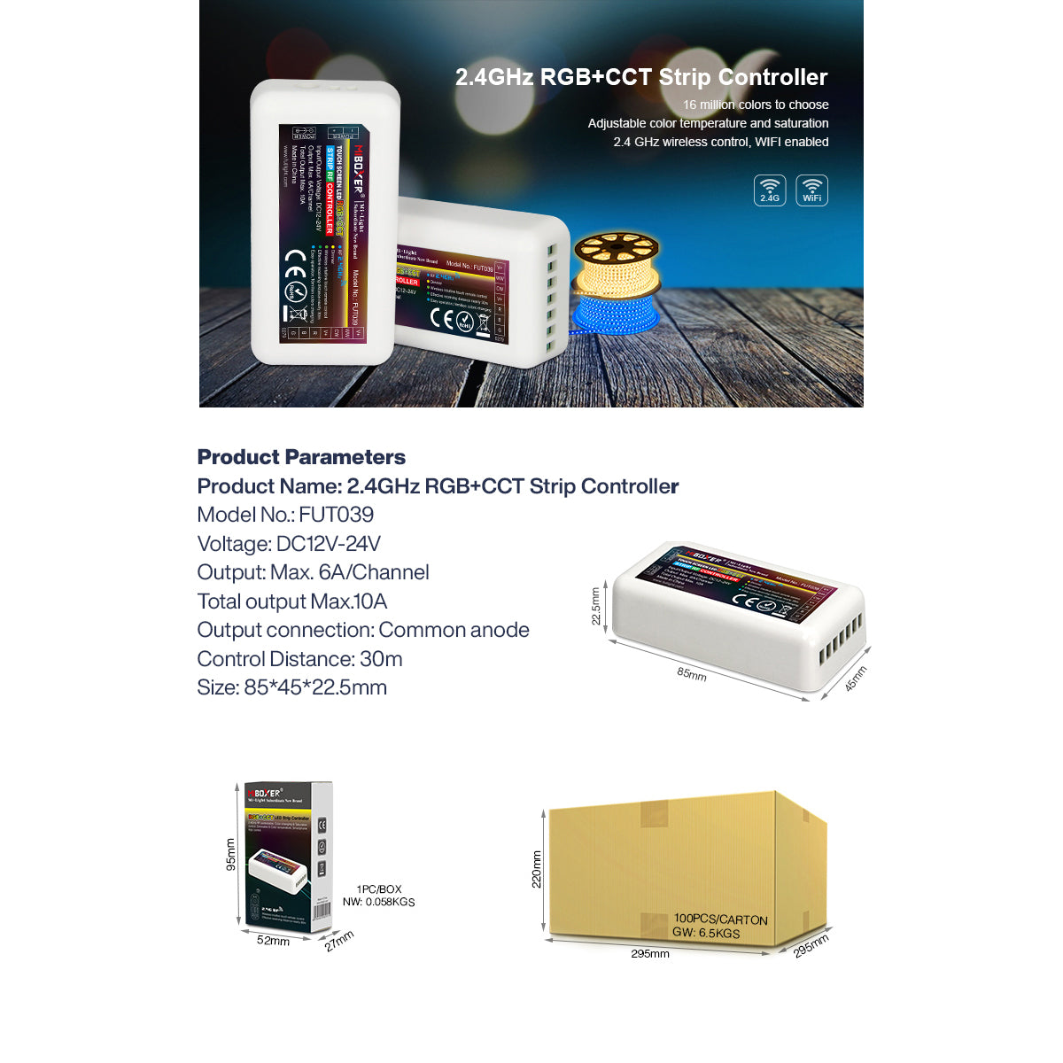 GloboStar® 73433 FUT039 Mi-BOXER DC RF 2.4Ghz 5 in 1 High Speed Controller / Dimmer 5 Καναλιών DC 12-24V 5 x 6A 144W - Max 10A 240W - IP20 RGBW+WW - Μ8.5 x Π4.5 x Υ22cm - 5 Years Warranty - ledmania.gr