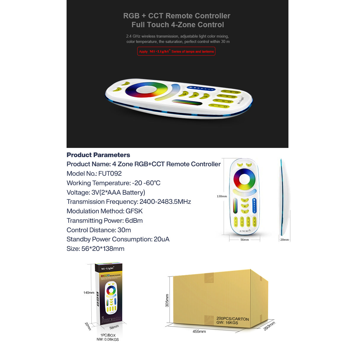 GloboStar® 73434 FUT092 Mi-Light Ασύρματο Χειριστήριο Αφής RF 2.4Ghz 4 Group για όλα τα RGBW+WW Mi-BOXER Controller DC 3V 2 x AAA - IP20 Λευκό - Μ13.7 x Π5.5 x Υ2cm - 5 Years Warranty - ledmania.gr