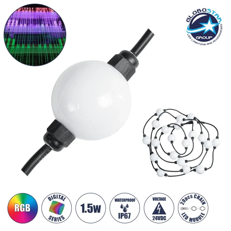 GLOBOSTAR® DIGICHAIN 73722 Ψηφιακή Pixel Addressable Γιρλάντα LED 28W 1400lm 360° DC 24V Αδιάβροχο IP65 60 x SMD3535 Chip 20 x Pixel Πολύχρωμο RGB Dimmable SPI/TTL Protocol IC WS2811/SM16703P - Sanan SMD Chip - Μ460 x Π5 x Υ5cm - Πακέτο 20 Τεμαχίων - 3...