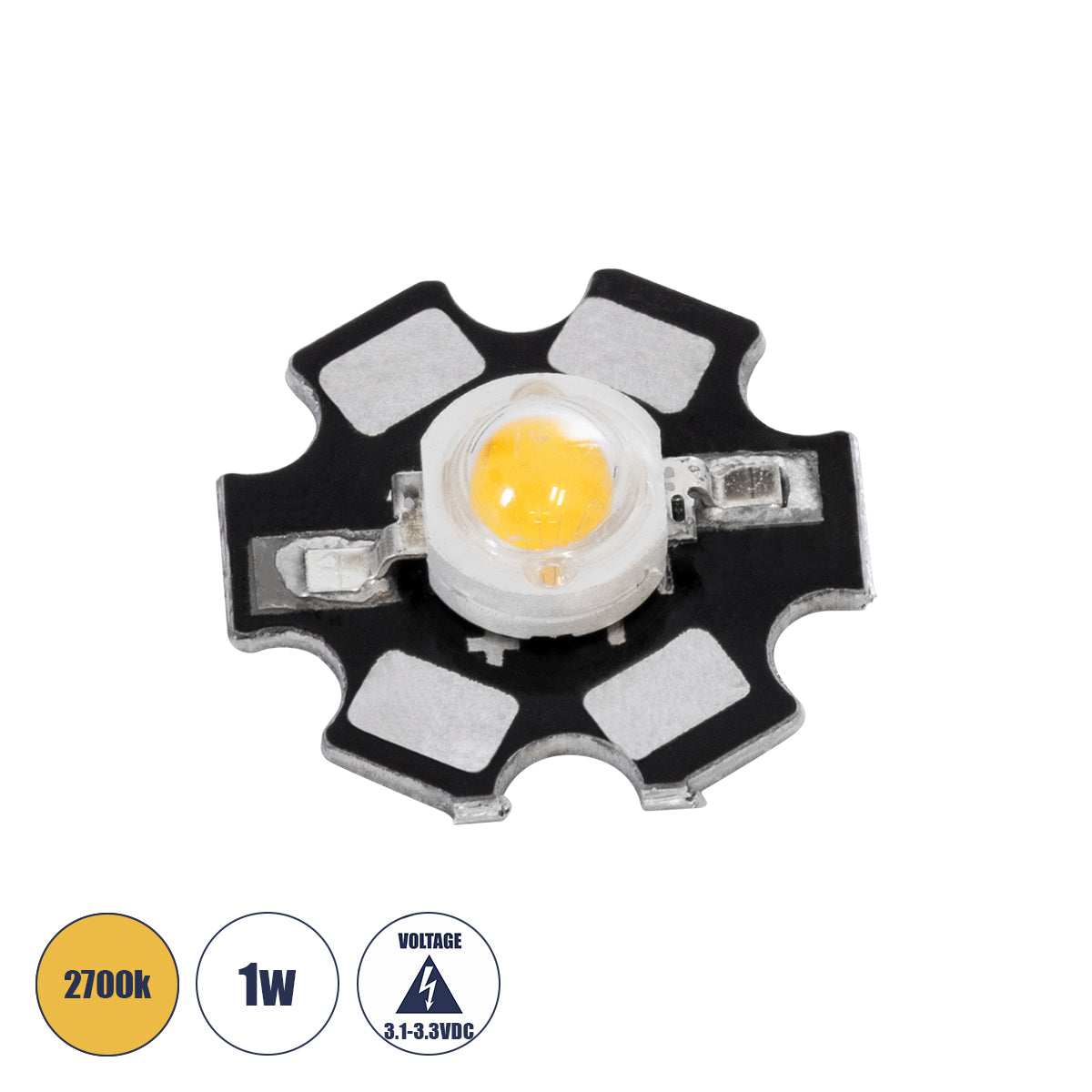 GLOBOSTAR® STARCHIP 73743 High Power Star LED 1W 80lm 90° DC 3.2V IP20 Θερμό Λευκό 2700K Dimmable - Sanan Chip - Μ2 x Π2 x Υ0.6cm - 2 Χρόνια Εγγύηση