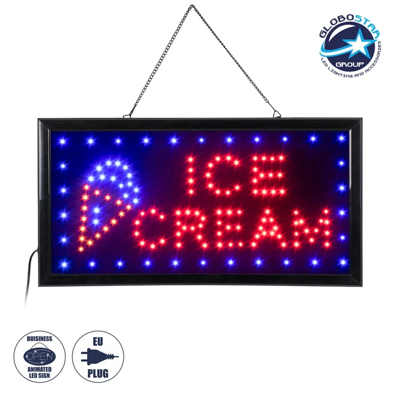 GloboStar® 75691 Φωτιστικό Ταμπέλα LED Ορθογώνια Σήμανσης ICE CREAM με Πρίζα AC 230V Μ48 x Π25 x Υ2cm - ledmania.gr