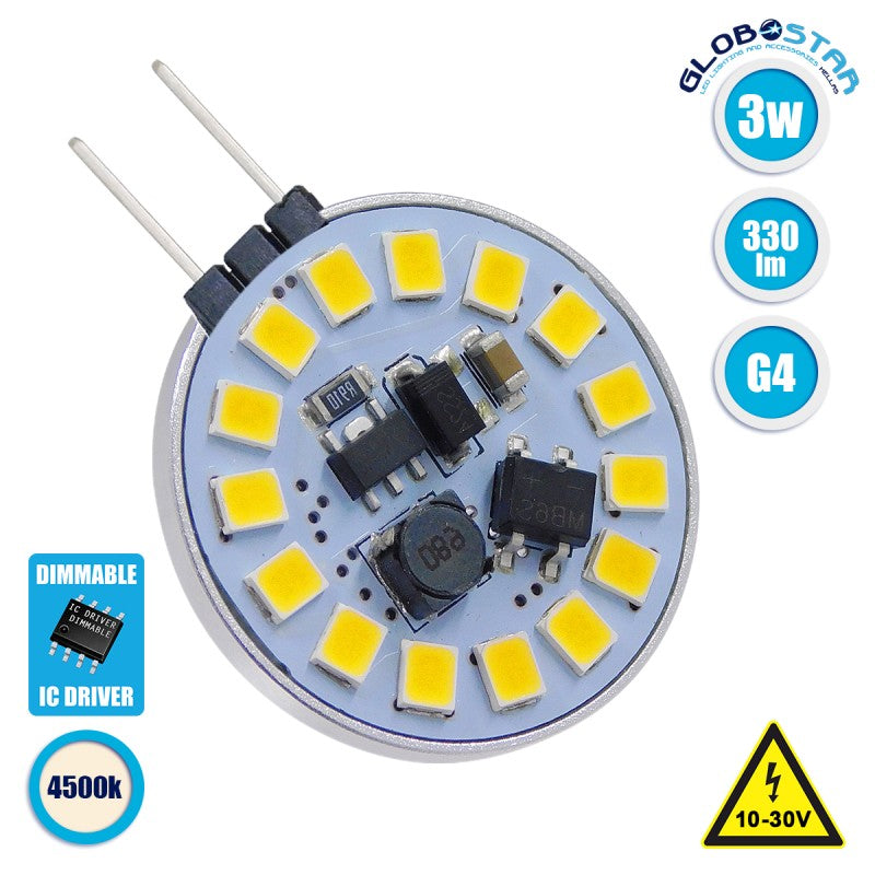 GloboStar® 76105 Λάμπα G4 LED SMD 2835 3W 330lm 120° DC 12-24V Side Pin Φυσικό Λευκό 4500K Dimmable - ledmania.gr