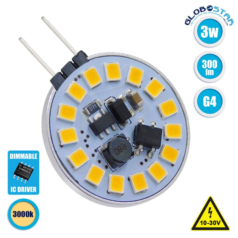 GloboStar® 76106 Λάμπα G4 LED SMD 2835 3W 300lm 120° DC 12-24V Side Pin Θερμό Λευκό 3000K Dimmable - ledmania.gr