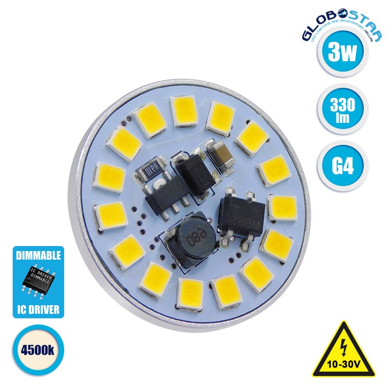 GloboStar® 76108 Λάμπα G4 LED SMD 2835 3W 330lm 120° DC 12-24V Back Pin Φυσικό Λευκό 4500K Dimmable - ledmania.gr