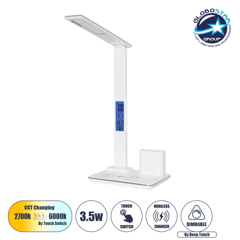GLOBOSTAR® ZENTIME 76554 Μοντέρνο Επιτραπέζιο Φωτιστικό Γραφείου με Ασύρματη Φόρτιση 15W 3A & Ψηφιακό Ρολόι LED 3.5W 350lm 120° DC 5V με USB-C IP20 Ρυθμιζόμενο Λευκό CCT με Αφή 2700K/4500K/6000K Dimmable - Sanan SMD Chip - Μαύρο - Μ19.5 x Π25 x Υ50cm -... - ledmania.gr