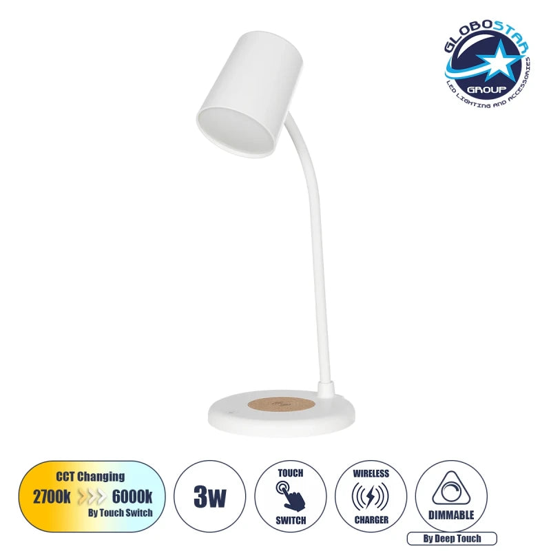GLOBOSTAR® LUCORA 76555 Μοντέρνο Επιτραπέζιο Φωτιστικό Γραφείου με Ασύρματη Φόρτιση 10W 2A & 4W Bluetooth Ηχείο LED 3W 300lm 120° DC 5V με USB-C IP20 Ρυθμιζόμενο Λευκό CCT με Αφή 2700K/4500K/6000K Dimmable - Sanan SMD Chip - Λευκό - Μ12 x Π12 x Υ34cm -... - ledmania.gr