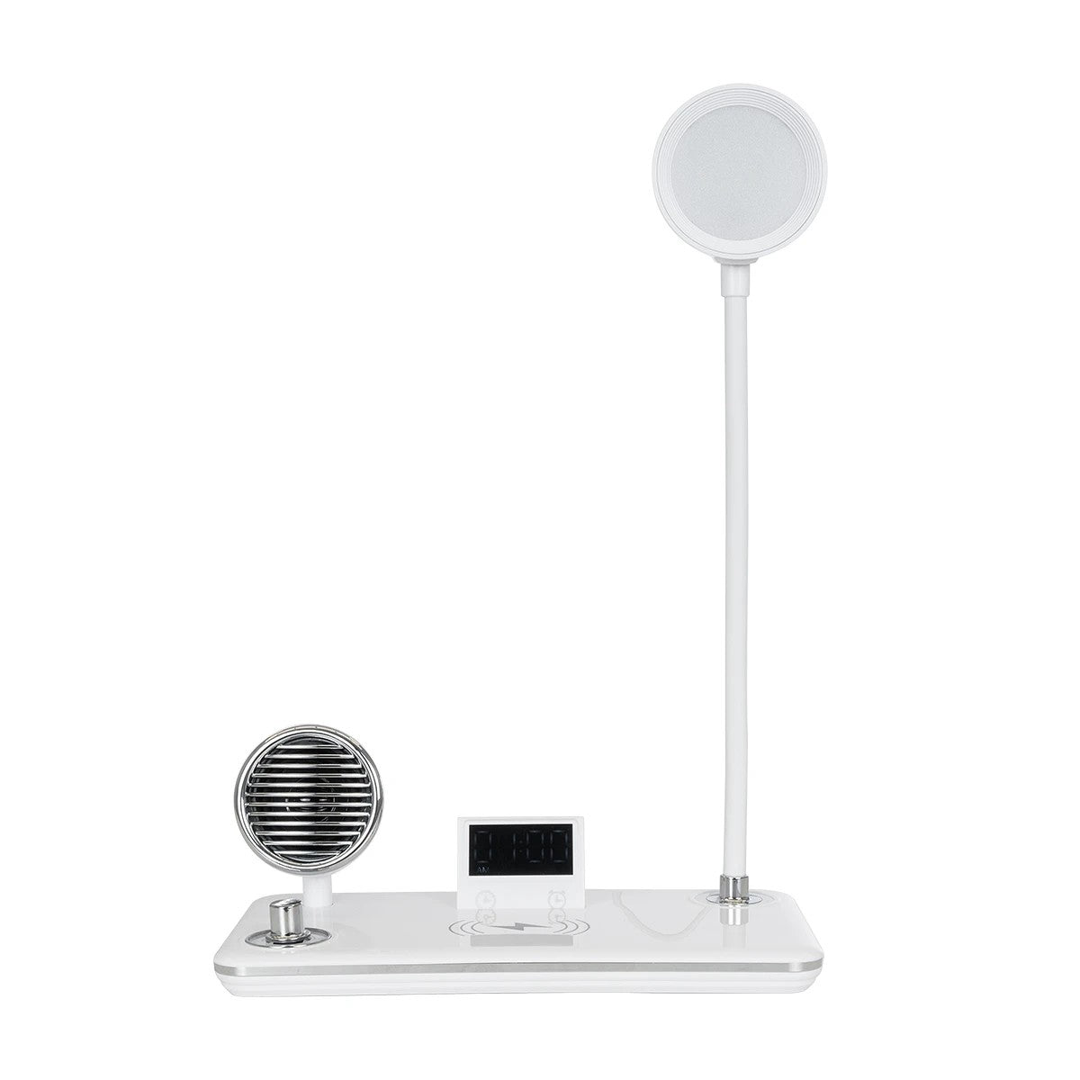 GLOBOSTAR® OLDY 76557 Μοντέρνο Επιτραπέζιο Φωτιστικό Γραφείου με Ασύρματη Φόρτιση 15W 3A, 5W Bluetooth Ηχείο & Ψηφιακό Ρολόι LED 3W 300lm 120° DC 5V με USB-C IP20 Ρυθμιζόμενο Λευκό CCT με Αφή 2700K/4500K/6000K Dimmable - Sanan SMD Chip - Λευκό - Μ13 x ... - ledmania.gr