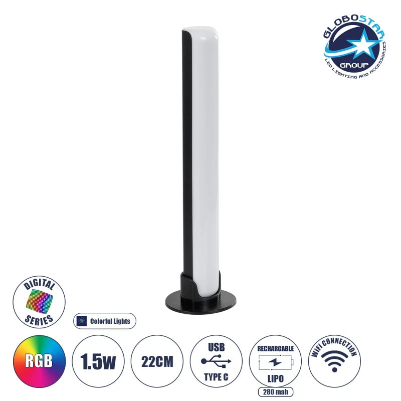 GLOBOSTAR® DIGICOLUMN 76562 Μοντέρνο Επιτραπέζιο Γραμμικό Ψηφιακό Φωτιστικό Digital Pixel Symphony Bar με WiFi Εφαρμογή LED 1.5W 90lm 120° DC 5V με USB-C & Επαναφορτιζόμενη Μπαταρία LiPo 601045 3.7V 280mAh IP20 Πολύχρωμο RGB Dimmable - Μαύρο - Μ5.5 x Π... - ledmania.gr