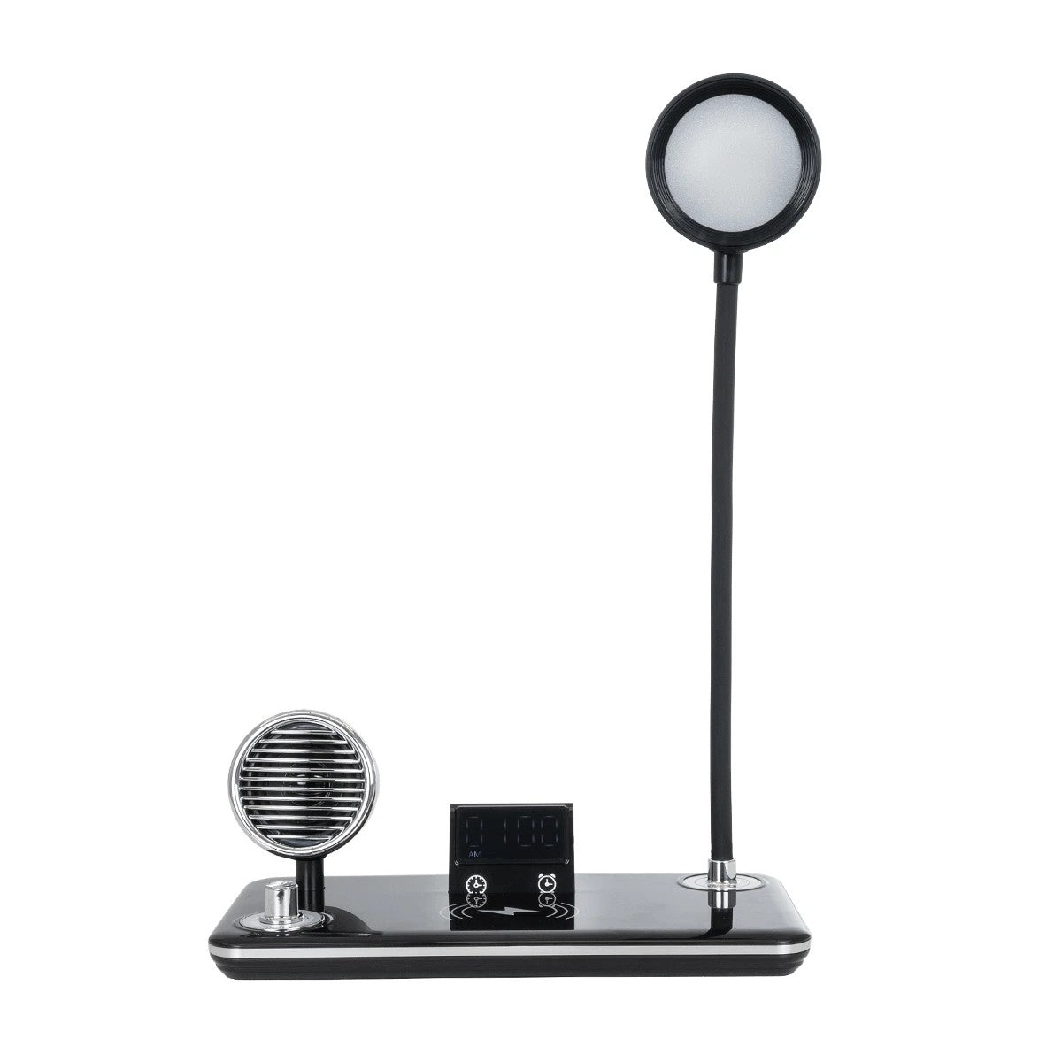 GLOBOSTAR® OLDY 76563 Μοντέρνο Επιτραπέζιο Φωτιστικό Γραφείου με Ασύρματη Φόρτιση 15W 3A, 5W Bluetooth Ηχείο & Ψηφιακό Ρολόι LED 3W 300lm 120° DC 5V με USB-C IP20 Ρυθμιζόμενο Λευκό CCT με Αφή 2700K/4500K/6000K Dimmable - Sanan SMD Chip - Μαύρο - Μ13 x ...