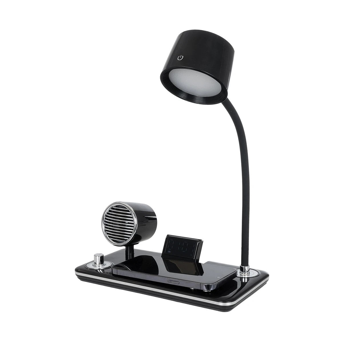 GLOBOSTAR® OLDY 76563 Μοντέρνο Επιτραπέζιο Φωτιστικό Γραφείου με Ασύρματη Φόρτιση 15W 3A, 5W Bluetooth Ηχείο & Ψηφιακό Ρολόι LED 3W 300lm 120° DC 5V με USB-C IP20 Ρυθμιζόμενο Λευκό CCT με Αφή 2700K/4500K/6000K Dimmable - Sanan SMD Chip - Μαύρο - Μ13 x ...