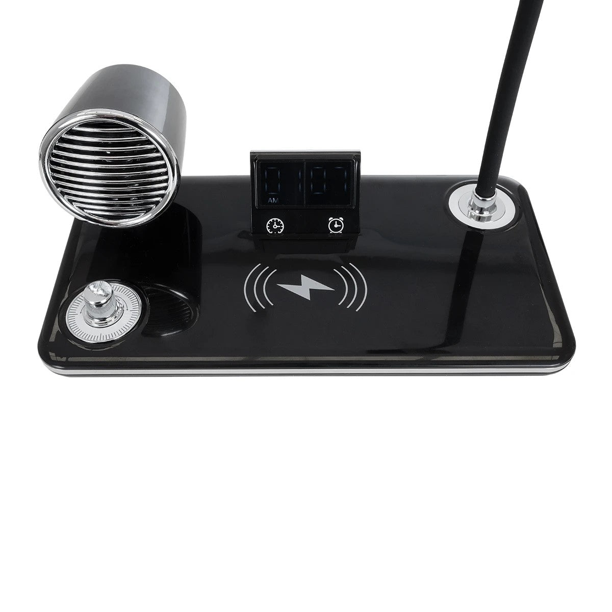 GLOBOSTAR® OLDY 76563 Μοντέρνο Επιτραπέζιο Φωτιστικό Γραφείου με Ασύρματη Φόρτιση 15W 3A, 5W Bluetooth Ηχείο & Ψηφιακό Ρολόι LED 3W 300lm 120° DC 5V με USB-C IP20 Ρυθμιζόμενο Λευκό CCT με Αφή 2700K/4500K/6000K Dimmable - Sanan SMD Chip - Μαύρο - Μ13 x ...
