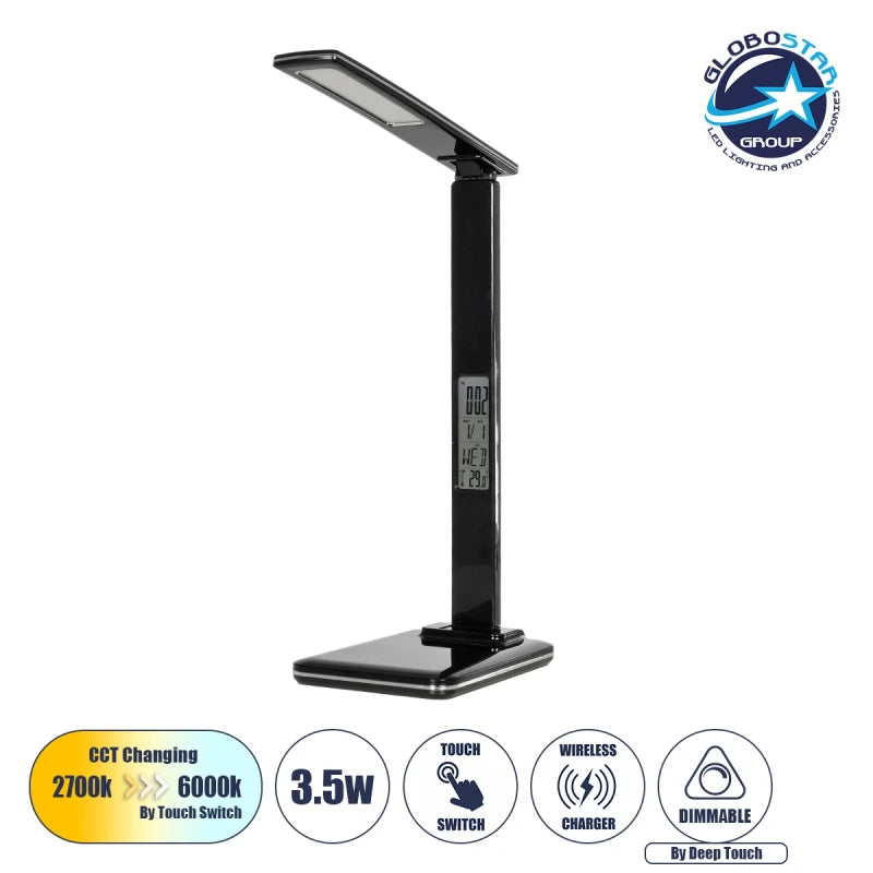 GLOBOSTAR® ZENTIME 76564 Μοντέρνο Επιτραπέζιο Φωτιστικό Γραφείου με Ασύρματη Φόρτιση 10W 2A & Ψηφιακό Ρολόι LED 3.5W 350lm 120° DC 5V με USB-C IP20 Ρυθμιζόμενο Λευκό CCT με Αφή 2700K/4500K/6000K Dimmable - Sanan SMD Chip - Μαύρο - Μ13 x Π25 x Υ50cm - 2... - ledmania.gr