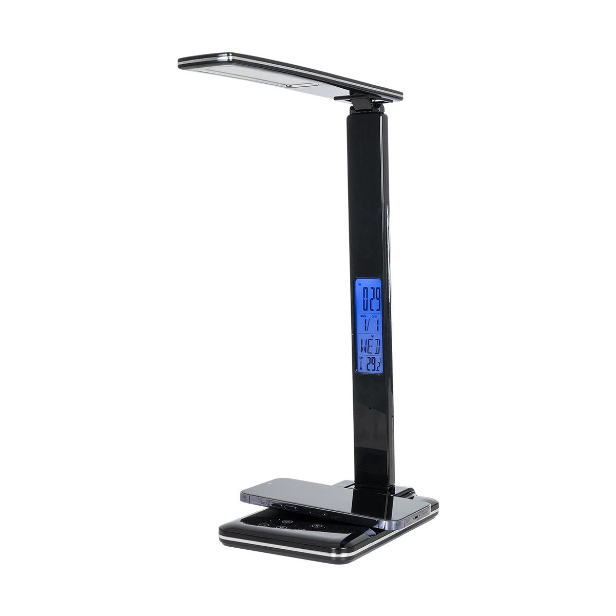 GLOBOSTAR® ZENTIME 76564 Μοντέρνο Επιτραπέζιο Φωτιστικό Γραφείου με Ασύρματη Φόρτιση 10W 2A & Ψηφιακό Ρολόι LED 3.5W 350lm 120° DC 5V με USB-C IP20 Ρυθμιζόμενο Λευκό CCT με Αφή 2700K/4500K/6000K Dimmable - Sanan SMD Chip - Μαύρο - Μ13 x Π25 x Υ50cm - 2... - ledmania.gr