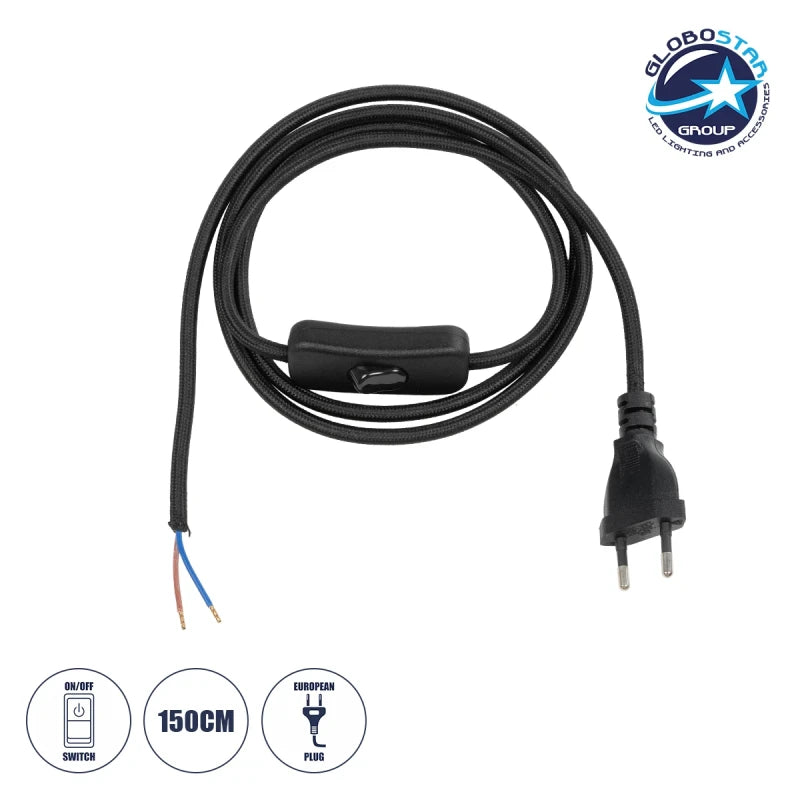 GLOBOSTAR® WHIP 77669 Μοντέρνο DIY Φωτιστικό με Υφασμάτινο Καλώδιο, Ντουί 1 x E27 & Διακόπτη On/Off AC 220-240V IP20 - Μαύρο - Μ140 x Π2.7 x Υ1.9cm - ledmania.gr