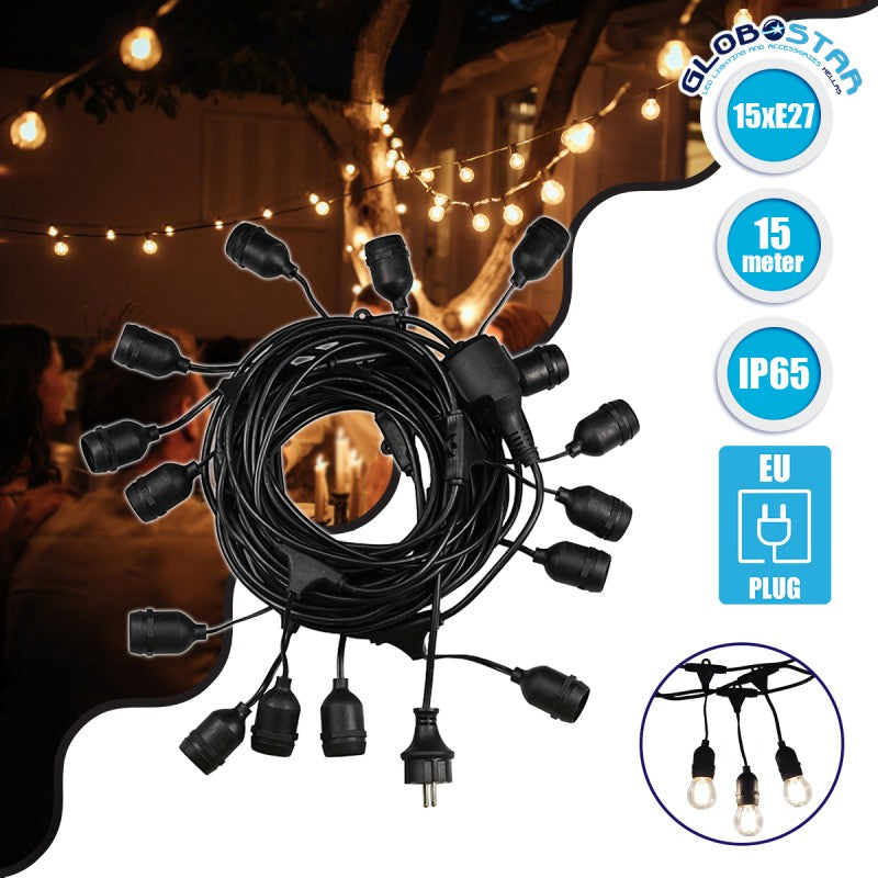GloboStar® 78984 Καλωδιογιρλάντα PVC 15 Μέτρων με 15 Ντουί E27 με Πρίζα Schuko Επεκτεινόμενη Αδιάβροχη IP65 - ledmania.gr