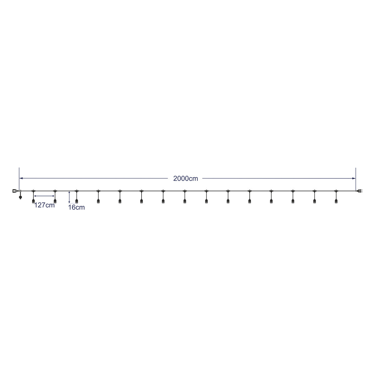 GloboStar® 78985 WIRE GARLAND Καλωδιογιρλάντα PVC 20 Μέτρων με 15 Ντουί E27 με Πρίζα Schuko Επεκτεινόμενη Αδιάβροχη IP65 - ledmania.gr