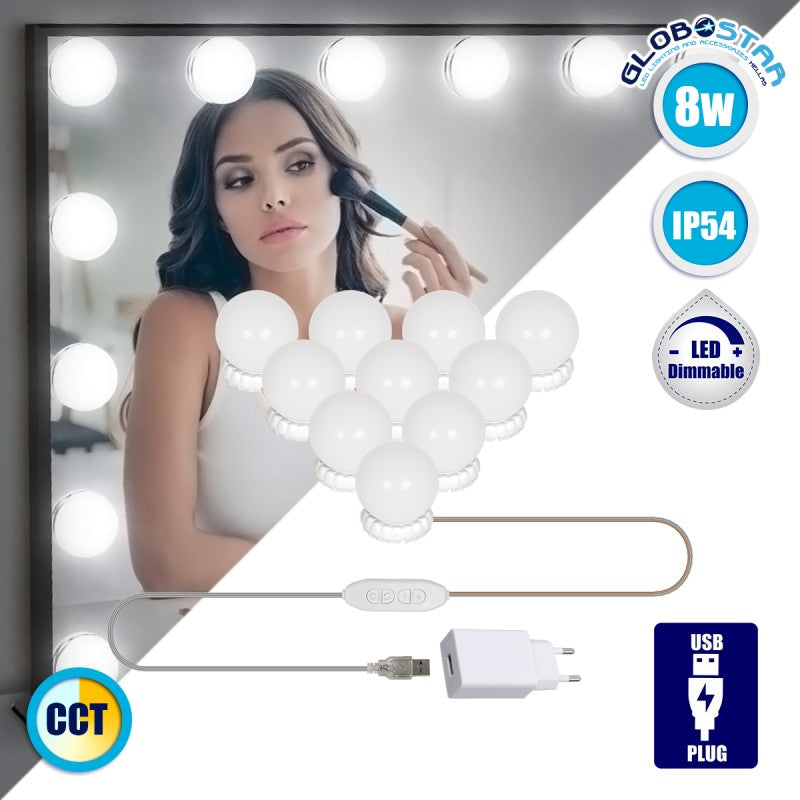 GLOBOSTAR® MIRRORPEARLS 79047 Μοντέρνο Φωτιστικό Γιρλάντα Καθρέπτη Μακιγιάζ με USB 5.0 LED 8W 800lm 260° DC 5V Αδιάβροχο IP54 Ρυθμιζόμενο Λευκό CCT με Ενσωματωμένο Χειριστήριο από 2700K έως 6000K Dimmable - Sanan SMD Chip - Λευκό - Μ200 x Π4.5 x Υ4.9cm...