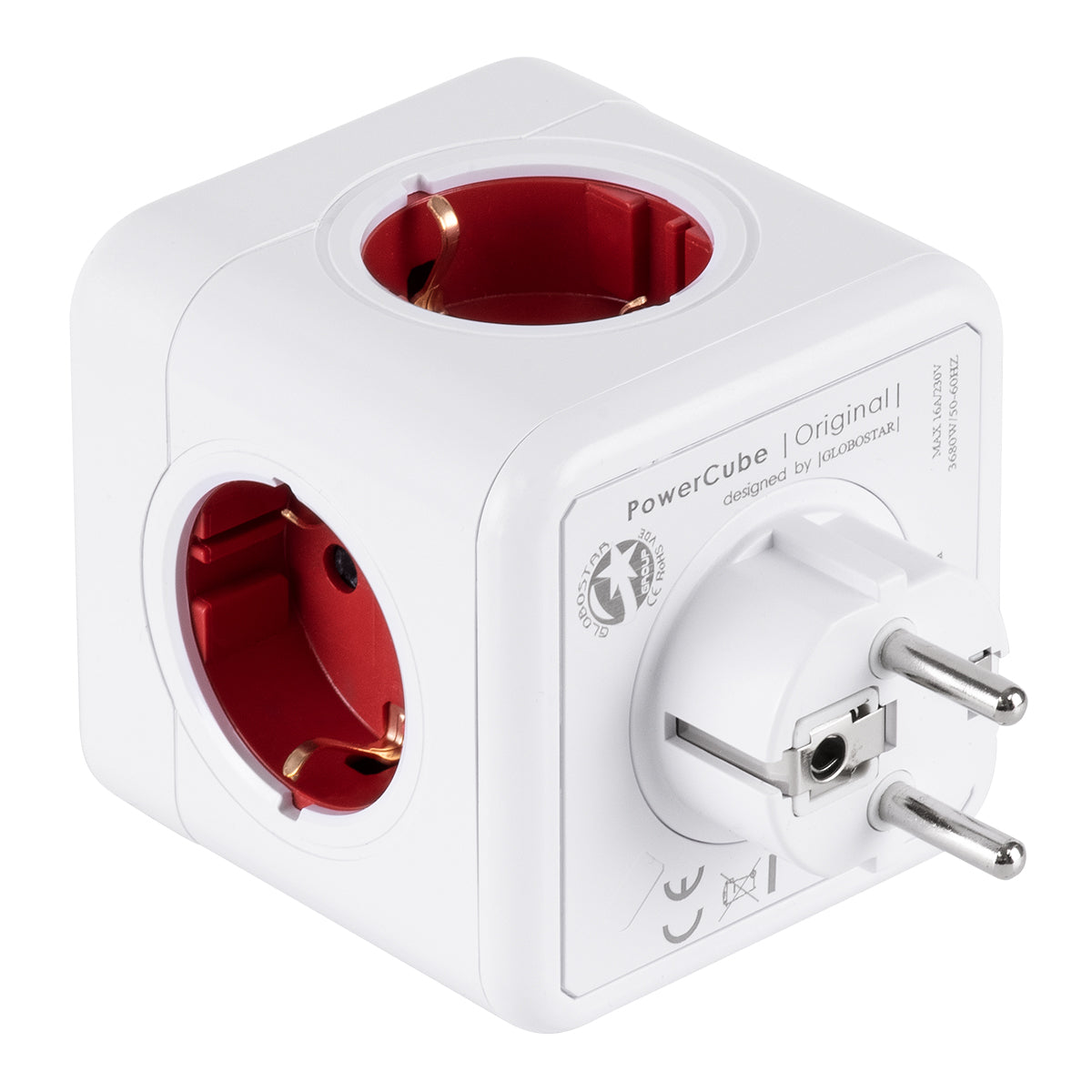 GLOBOSTAR® POWERCUBE 79628 Πολύπριζο 5 Θέσεων με 5 x EU Schuko Πρίζες Ασφαλείας Childproof AC 220-240V 3680W/16A Max Load IP20 - Λευκό & Κόκκινο - Μ7.5 x Π11.5 x Υ7.5cm - ledmania.gr