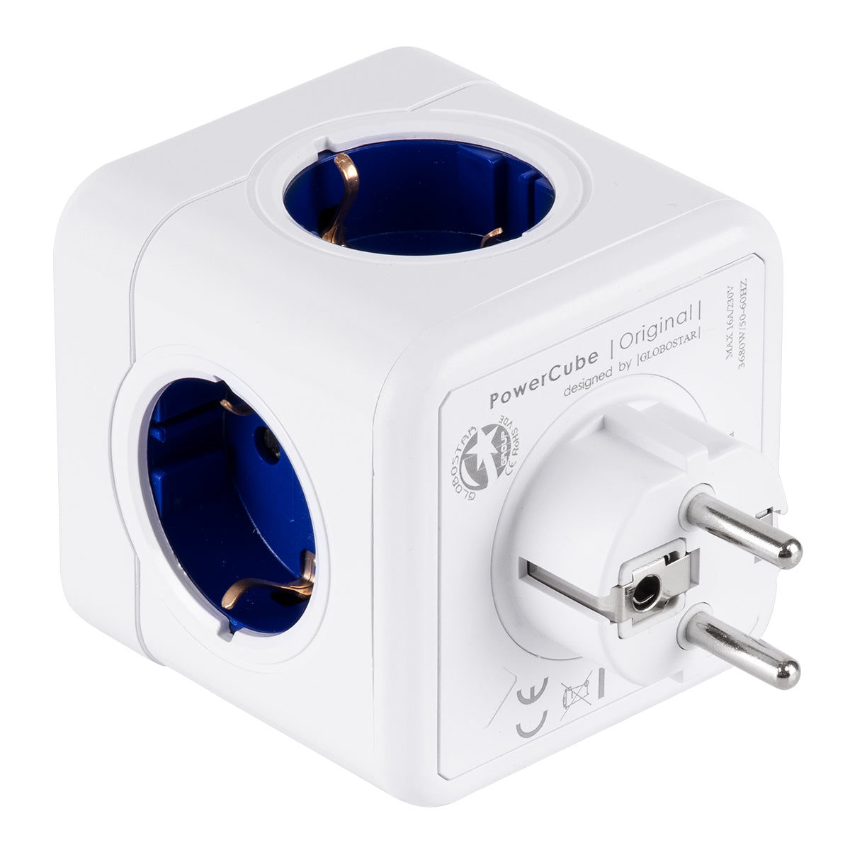 GloboStar® TRAVEL PowerCube PRO Certified 79629 Πολύπριζο 5 Θέσεων με 5 Πρίζες Ασφαλείας Childproof EU Schuko AC 220-240V Μ7.5 x Π11.5 x Υ7.5 - Λευκό με Μπλε - Max Load 3680W/16A - ledmania.gr