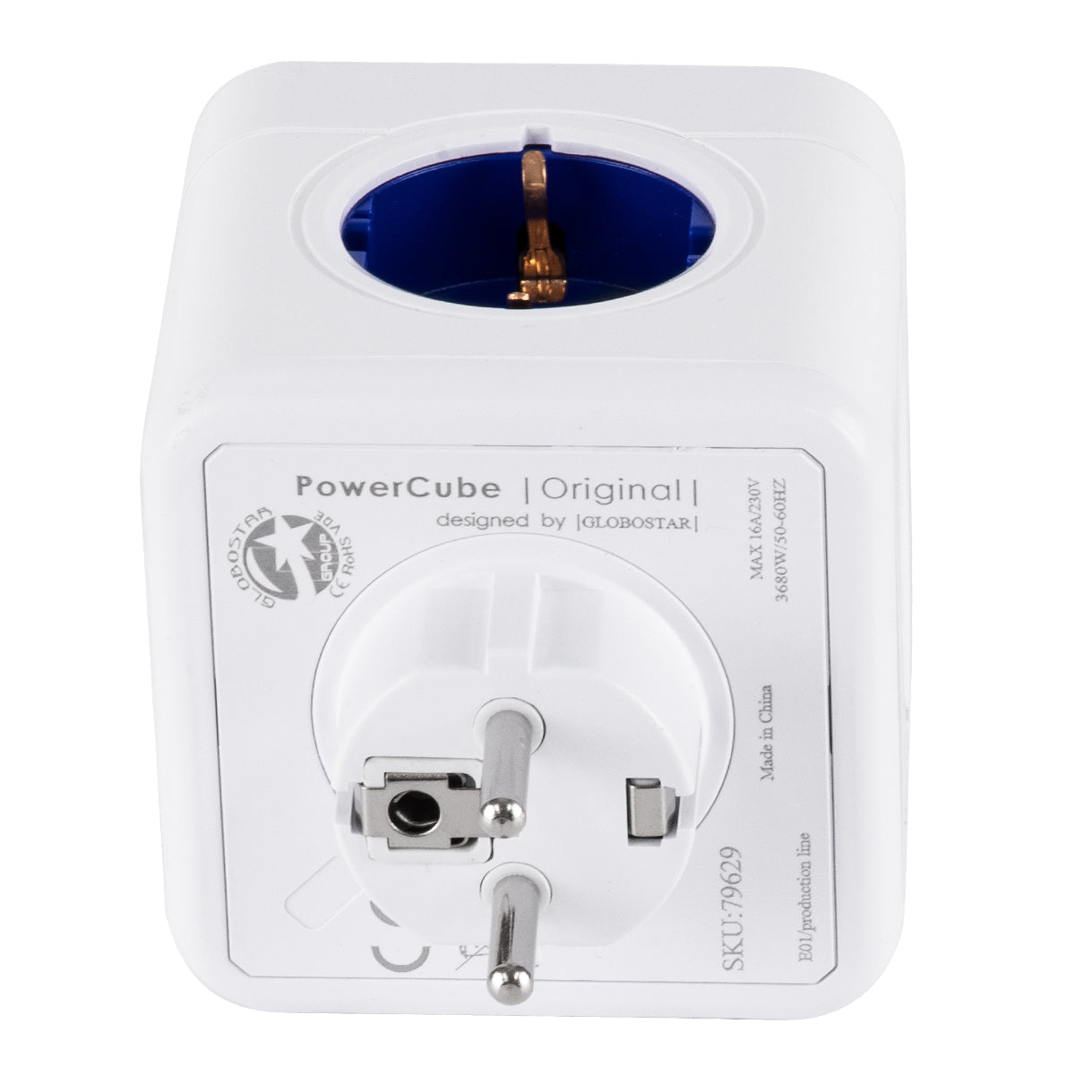 GloboStar® TRAVEL PowerCube PRO Certified 79629 Πολύπριζο 5 Θέσεων με 5 Πρίζες Ασφαλείας Childproof EU Schuko AC 220-240V Μ7.5 x Π11.5 x Υ7.5 - Λευκό με Μπλε - Max Load 3680W/16A - ledmania.gr