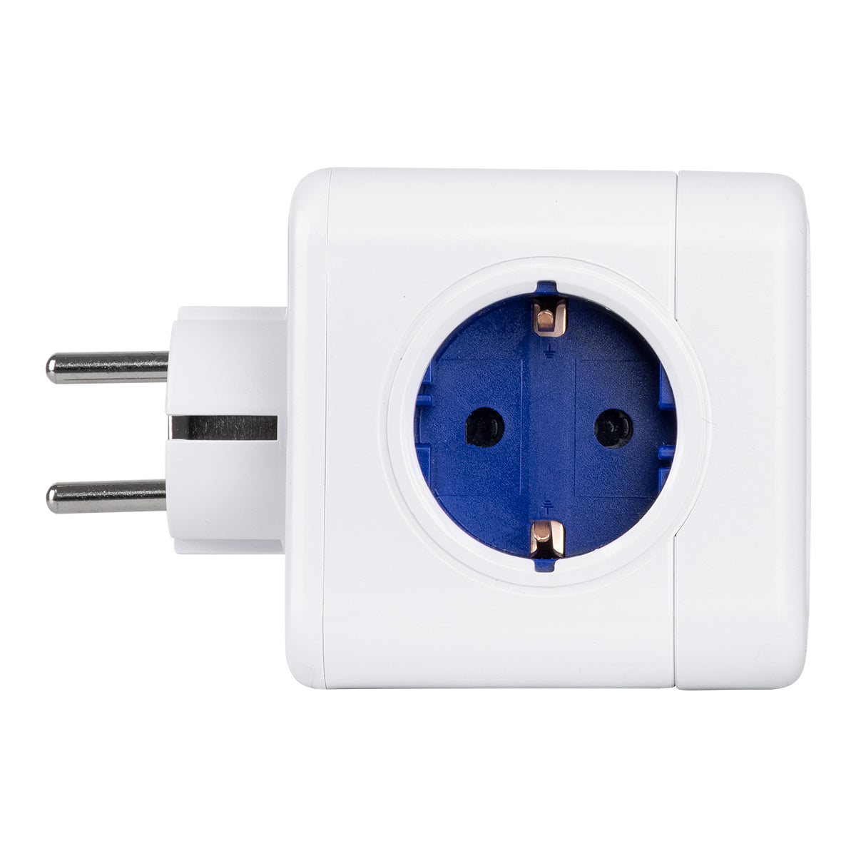 GloboStar® TRAVEL PowerCube PRO Certified 79629 Πολύπριζο 5 Θέσεων με 5 Πρίζες Ασφαλείας Childproof EU Schuko AC 220-240V Μ7.5 x Π11.5 x Υ7.5 - Λευκό με Μπλε - Max Load 3680W/16A - ledmania.gr
