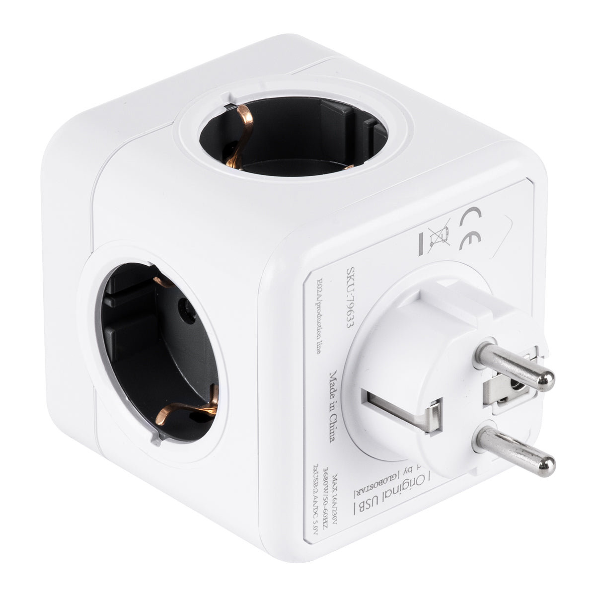 GloboStar® TRAVEL PowerCube PRO Certified 79633 Πολύπριζο 6 Θέσεων με 4 Πρίζες Ασφαλείας Childproof EU Schuko AC 220-240V & 2 Πρίζες USB Max 2.1A/DC 5V Μ7.5 x Π11.5 x Υ7.5 - Λευκό με Γκρι - Max Load 3680W/16A - ledmania.gr
